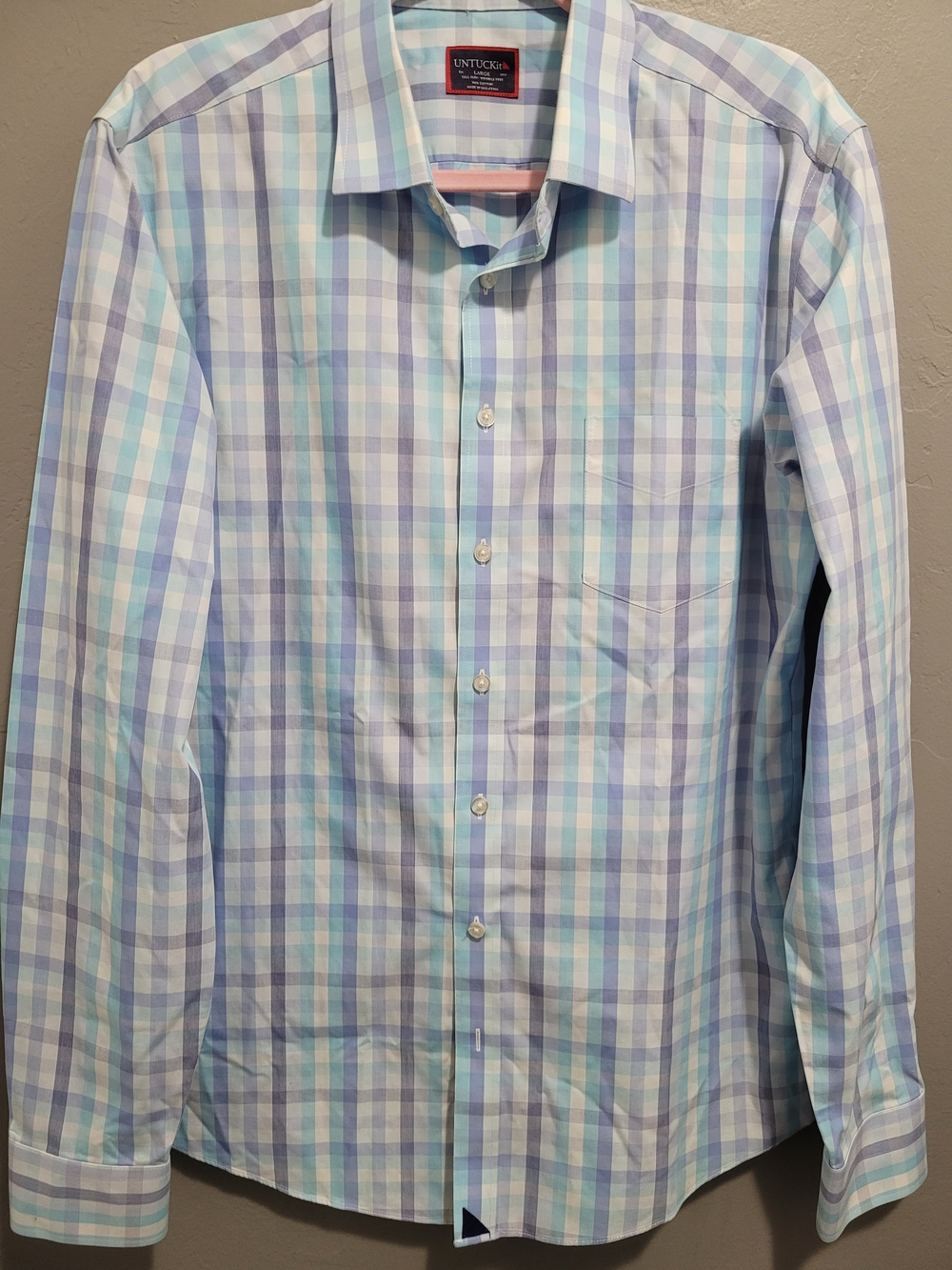 UNTUCKit Men’s Light Blue and White Plaid Button-Down Shirt Tall Large Slim